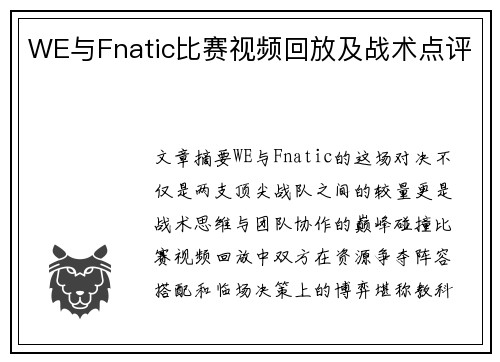 WE与Fnatic比赛视频回放及战术点评